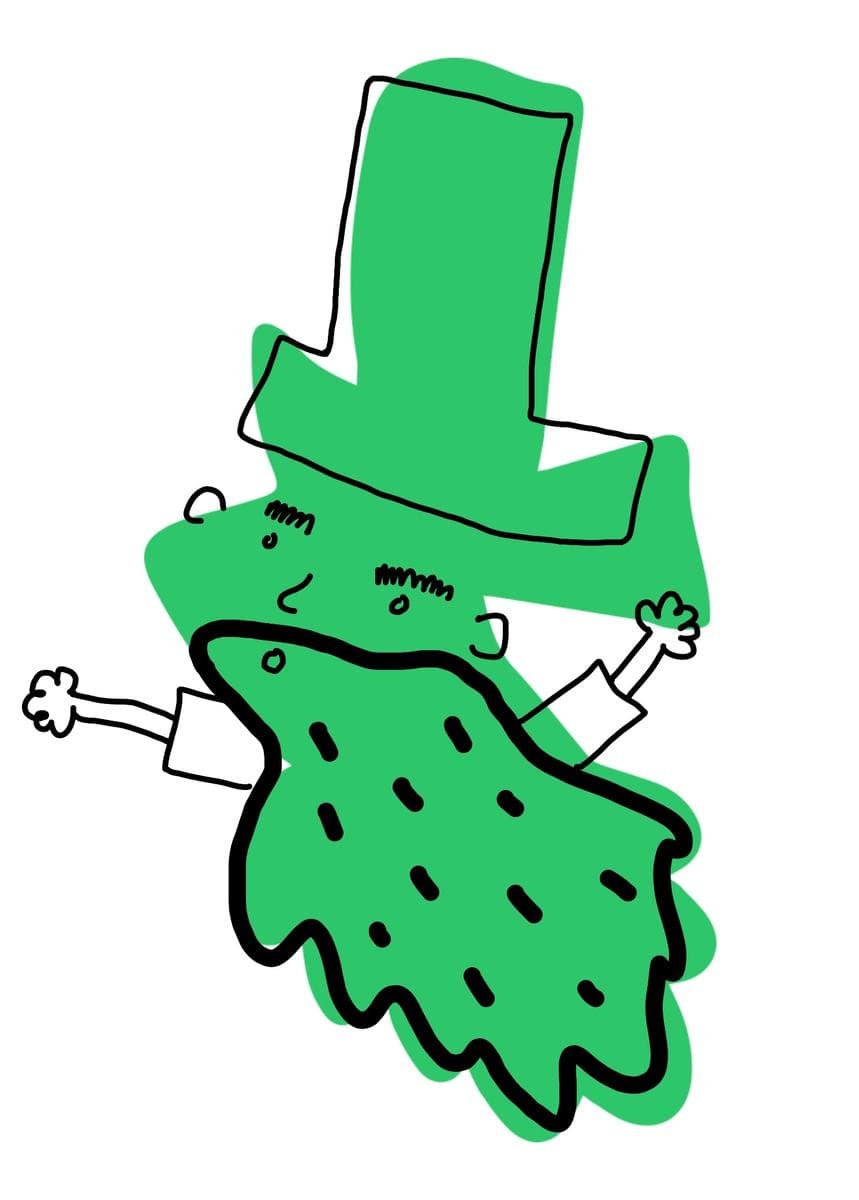 A green blob turned into a figure in a tall top hat, shaggy-coated, one arm flung out.