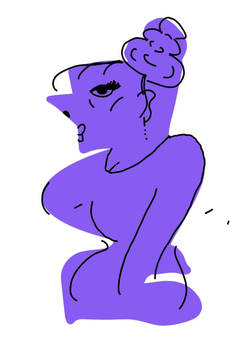 A purple blob turned into a seated figure in profile, hair gathered up, one eye closed.