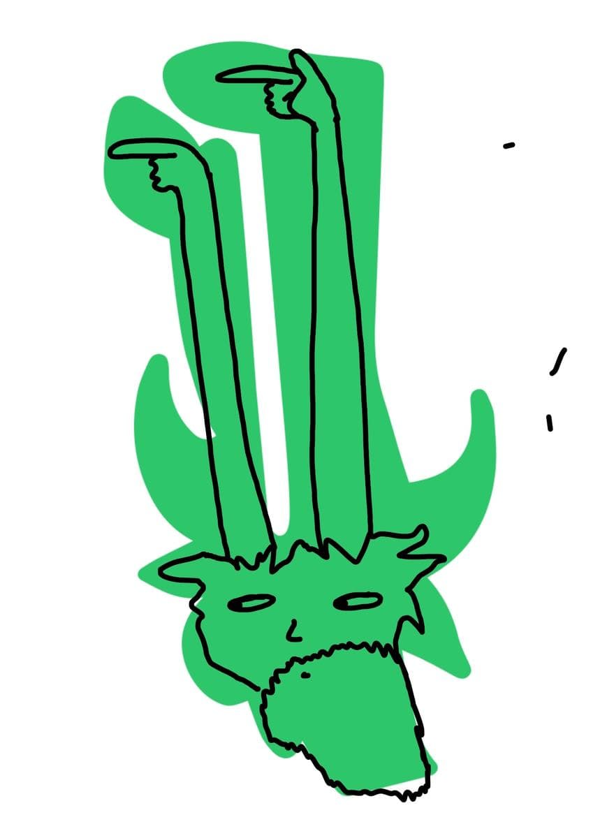 A green blob turned into two long arms rising from a bearded face at the bottom, both hands pointing up.