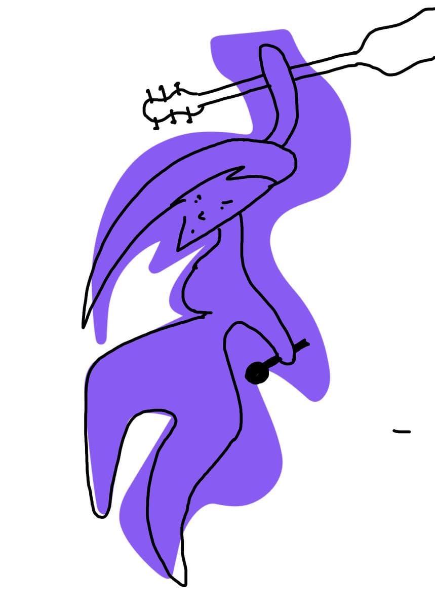 A purple blob turned into a long-necked bird, with the neck of a guitar laid across the top of the frame.