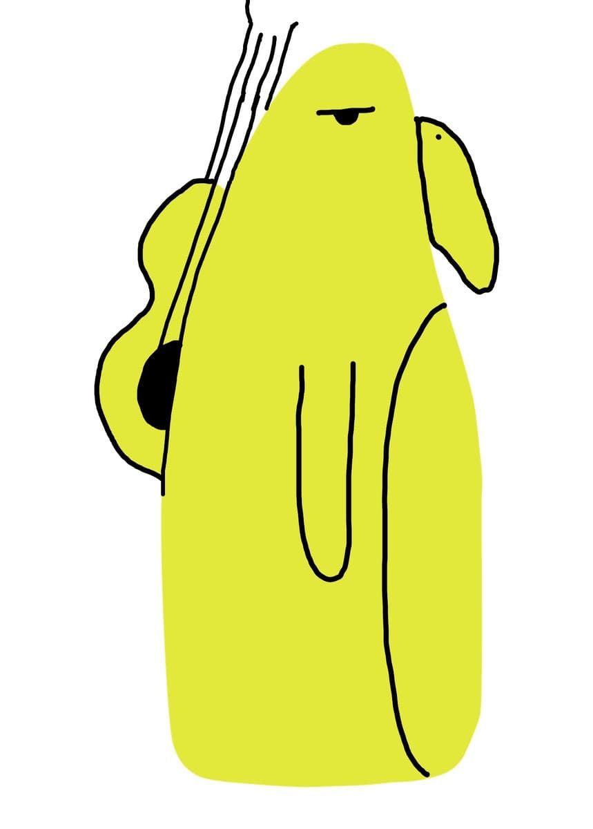 A yellow blob turned into a figure with drooping ears holding a guitar, the strings running off the top edge.
