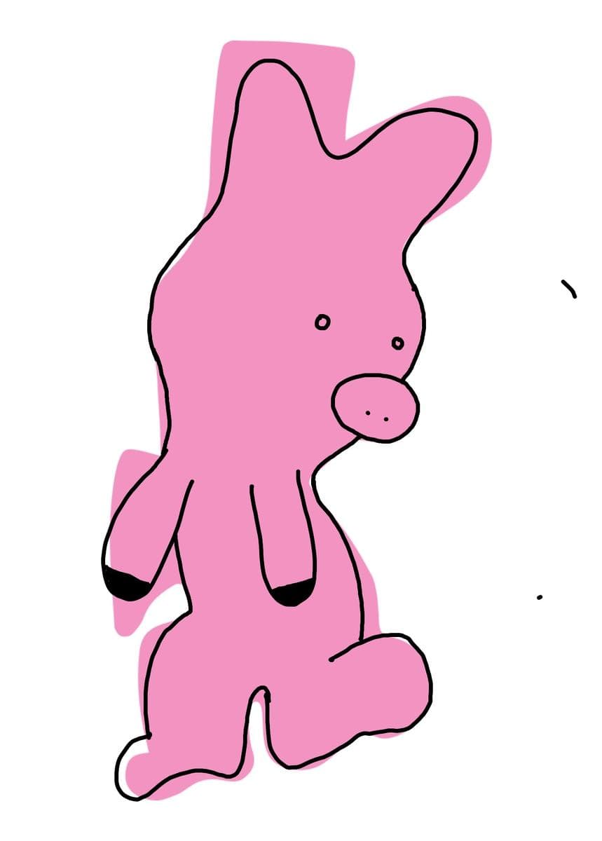 A pink blob turned into a rabbit standing upright, ears back.