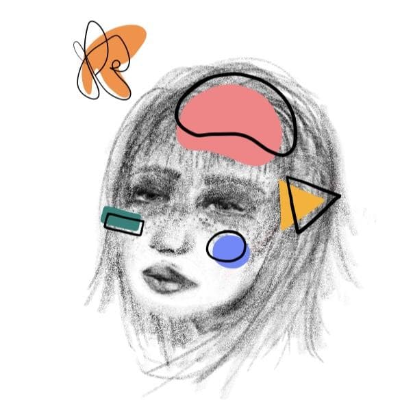 The portrait again, cropped close, with flat black-outlined shapes laid over it: a coral form across the top of the head, a teal bar on one cheek, a blue circle on the other, a yellow triangle at the right edge, and an orange loop above the shoulder.