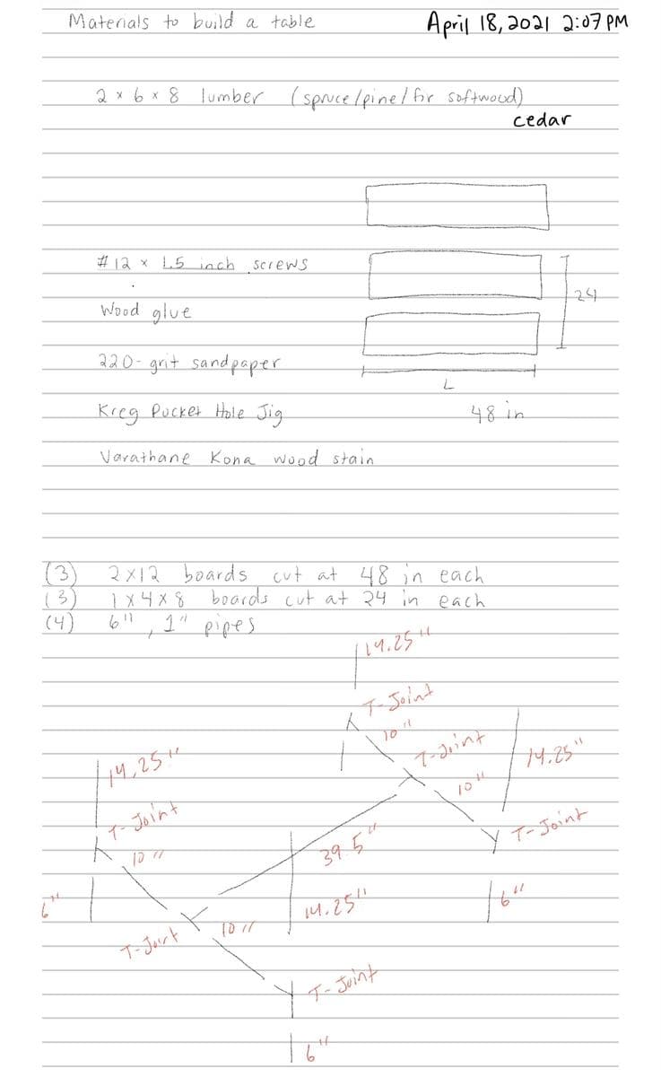 A handwritten page headed “Materials to build a table” and dated April 18, 2021, listing lumber, screws, glue, sandpaper, a pocket hole jig and the stain, with a sketch of the leg frame in red naming each T-joint and its length.