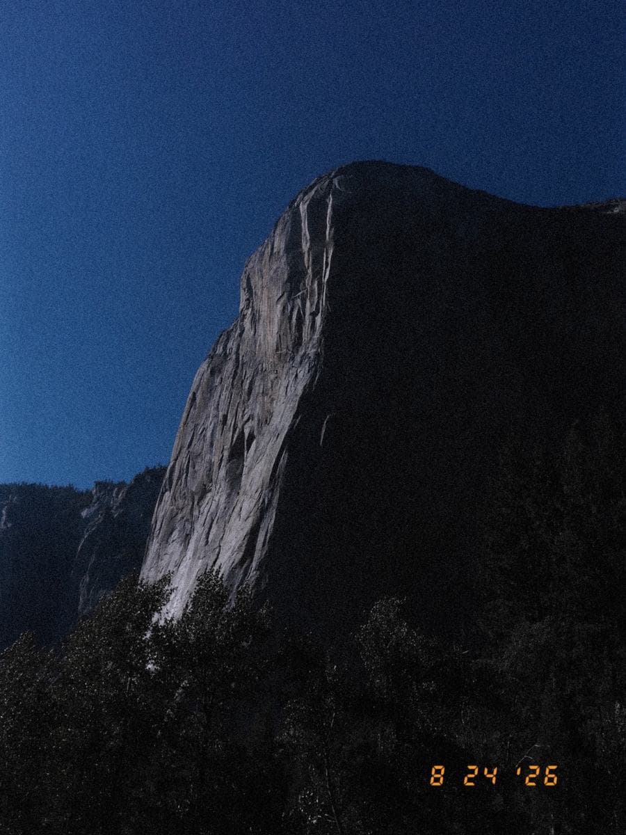 El Capitan's granite face, almost black against a deep blue sky, with the valley's pines below it.