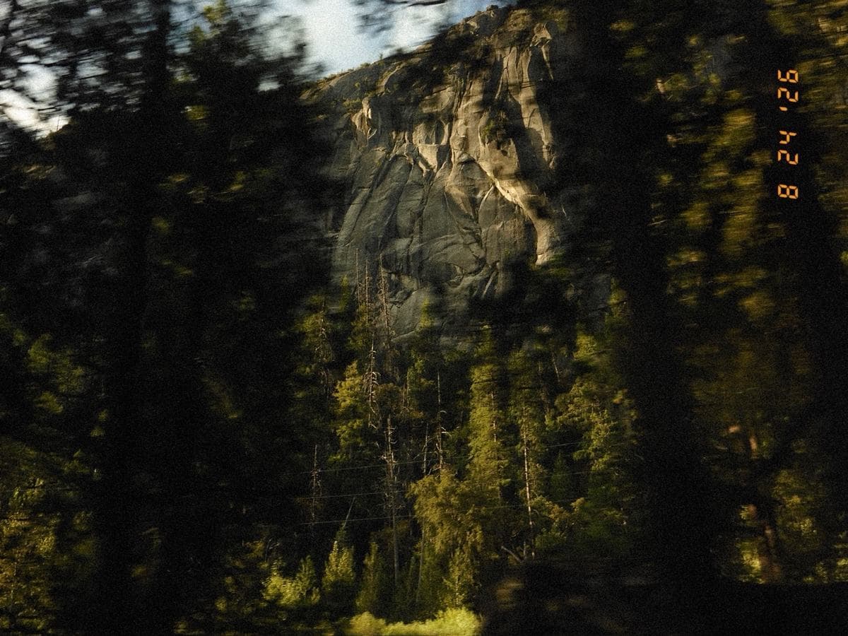 A granite cliff seen through trees from a moving car, the foreground pulled into streaks.