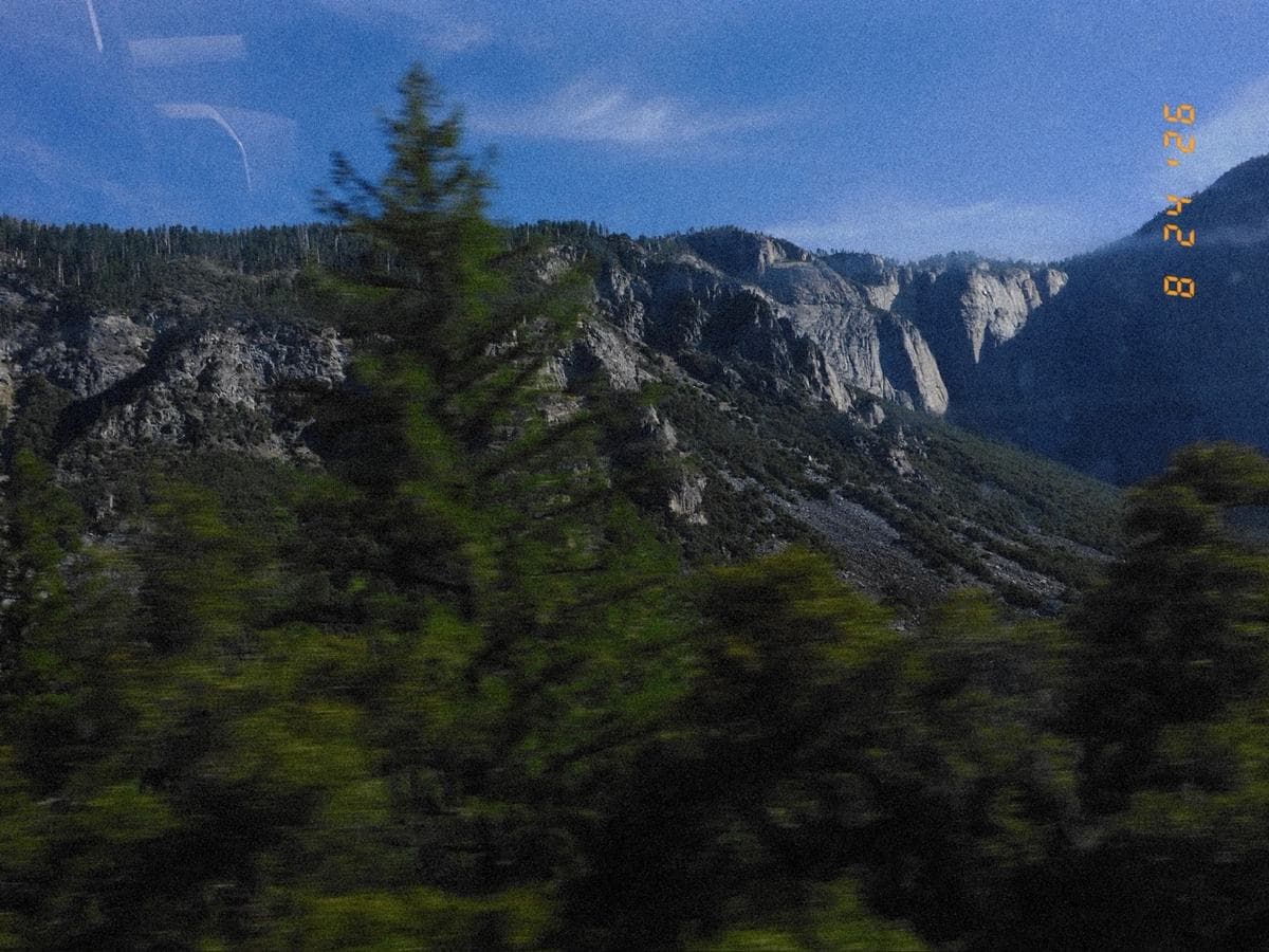 The valley and its far cliffs from a moving car, blue sky above, the near trees blurred.
